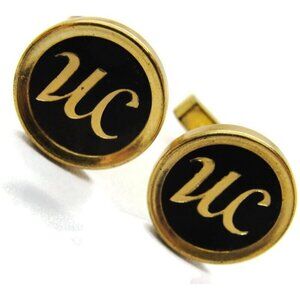 "UC" Initials Vintage Cufflinks Round Black Etched & Gold Tone Signed Pat Pend